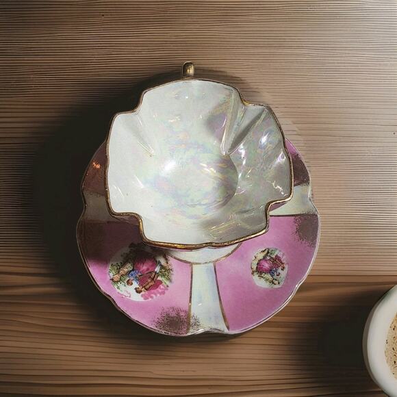 Lefton China Vtg Victoriana Pedestal Teacup Saucer Gold Trim Hand Painted #20336 - Picture 5 of 9